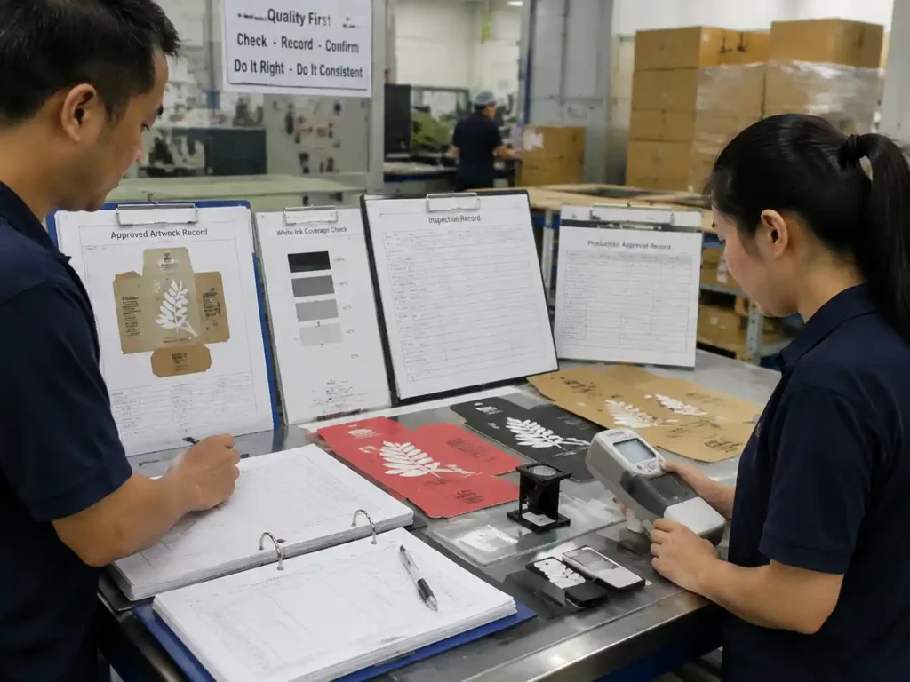 Quality control staff verifying white ink printing results with records and packaging samples.