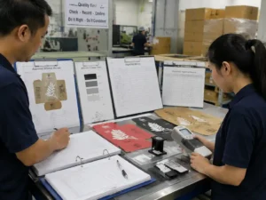 Quality control staff verifying white ink printing results with records and packaging samples.