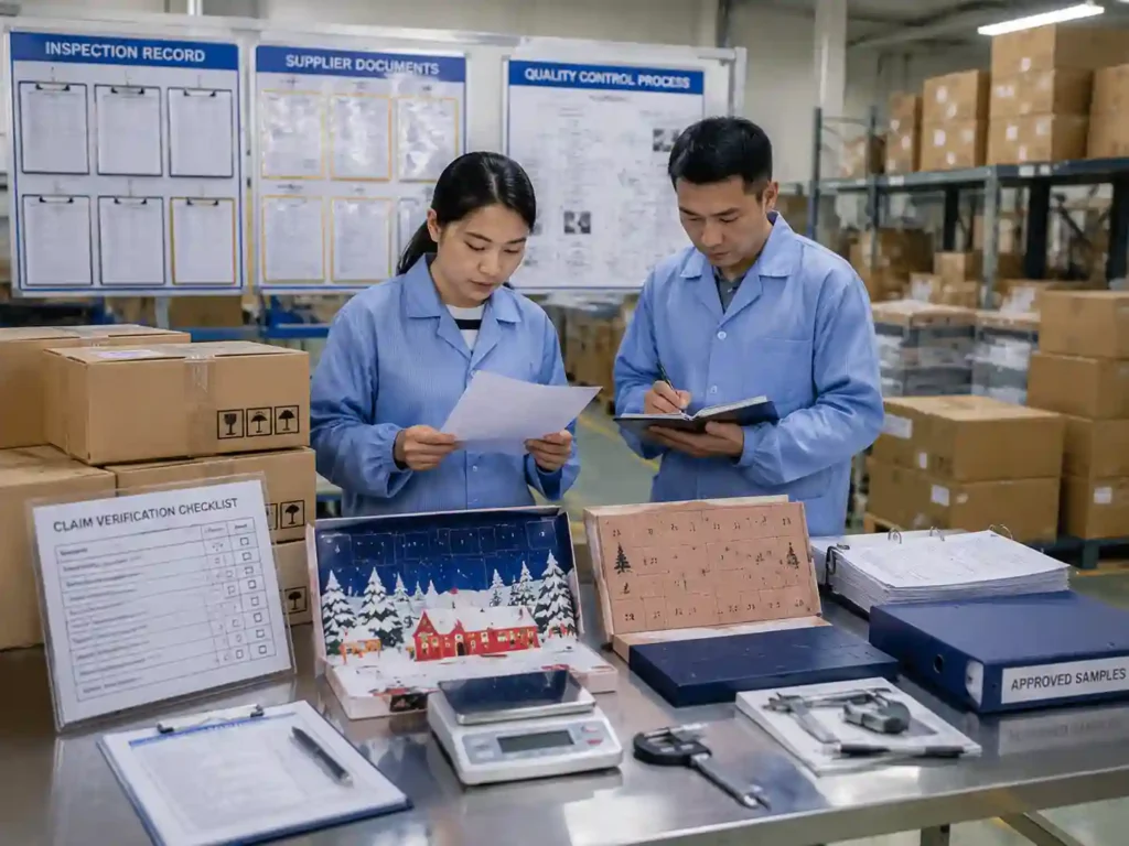 QC staff reviewing supplier records and inspection evidence for plastic-free packaging claim approval