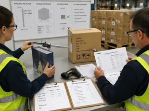 Quality inspectors verifying advent calendar package dimensions, labels, and fulfillment records for retail shelf compliance.