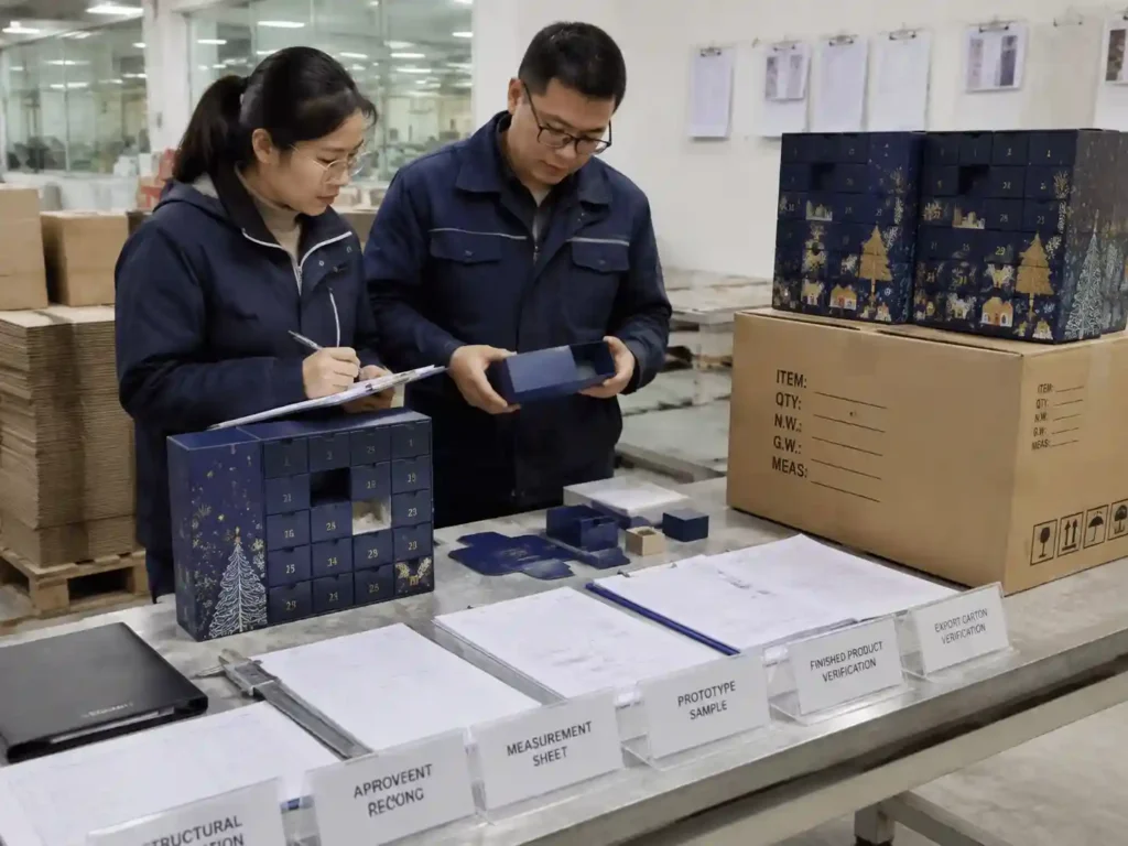QC staff verifying reusable advent calendar structure records, measurements, samples, and production checks.