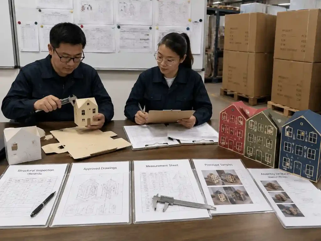 QC staff verifying house-shaped advent calendar measurements, inspection records, samples, and packaging production documents.