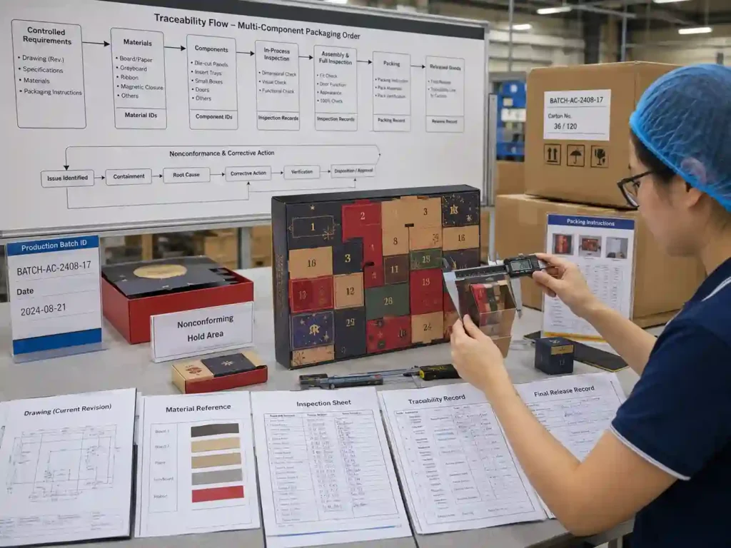 QC staff verifying traceability from packaging measurements and batch records through final packed cartons.