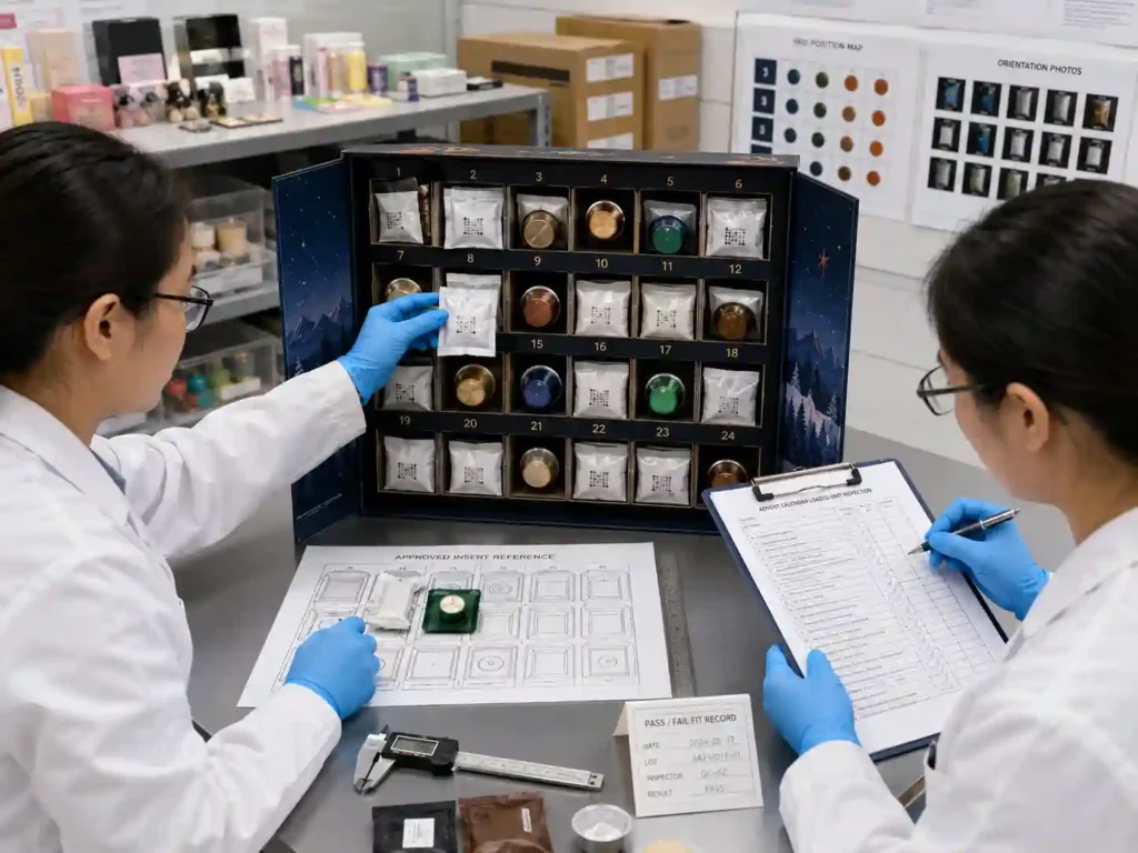 QC staff inspect coffee pods and drip bags in numbered advent calendar compartments against approved fit records.