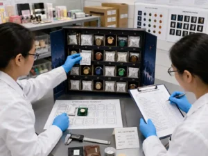 QC staff inspect coffee pods and drip bags in numbered advent calendar compartments against approved fit records.