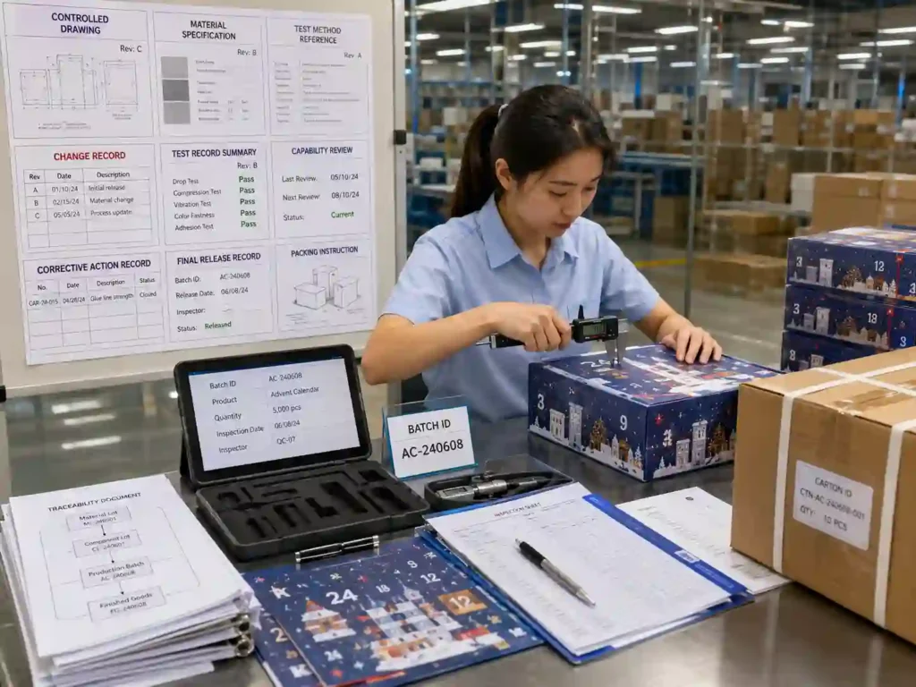 QC staff verifying current packaging specifications, measurements, traceability and release records before approving an identified production batch.