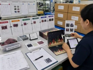 QC staff verifying corrected packaging against specifications and linking reinspection, disposition, release and packing records.