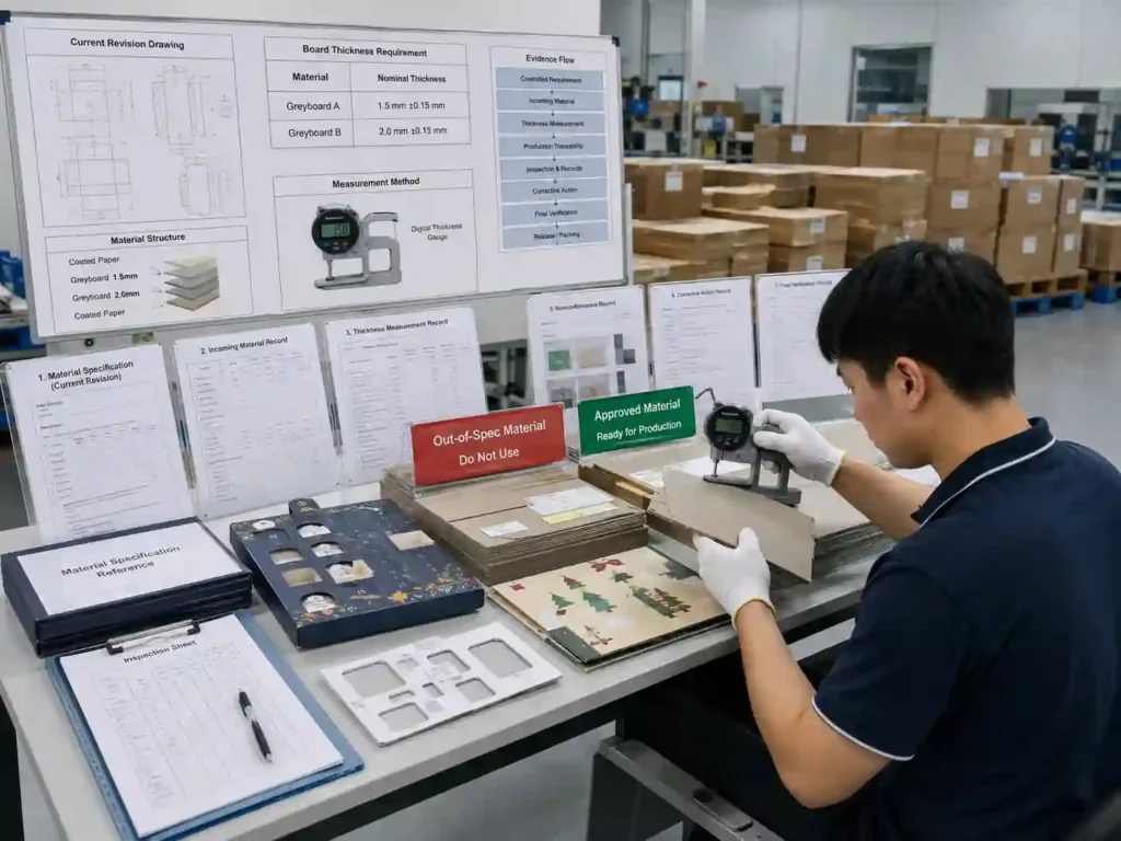 QC staff verifying board thickness measurements, material traceability, specifications, and production records for packaging.
