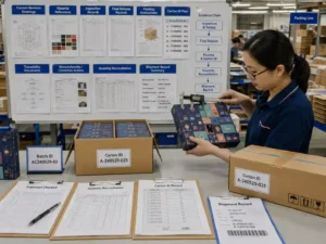 Quality staff verifying final inspection records, traceability, packing configuration, carton identities and shipment quantities before final payment.