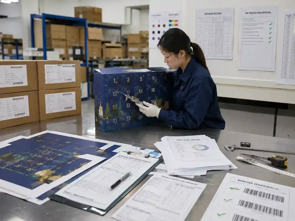 Quality control team verifying preflight documents before advent calendar sampling approval.