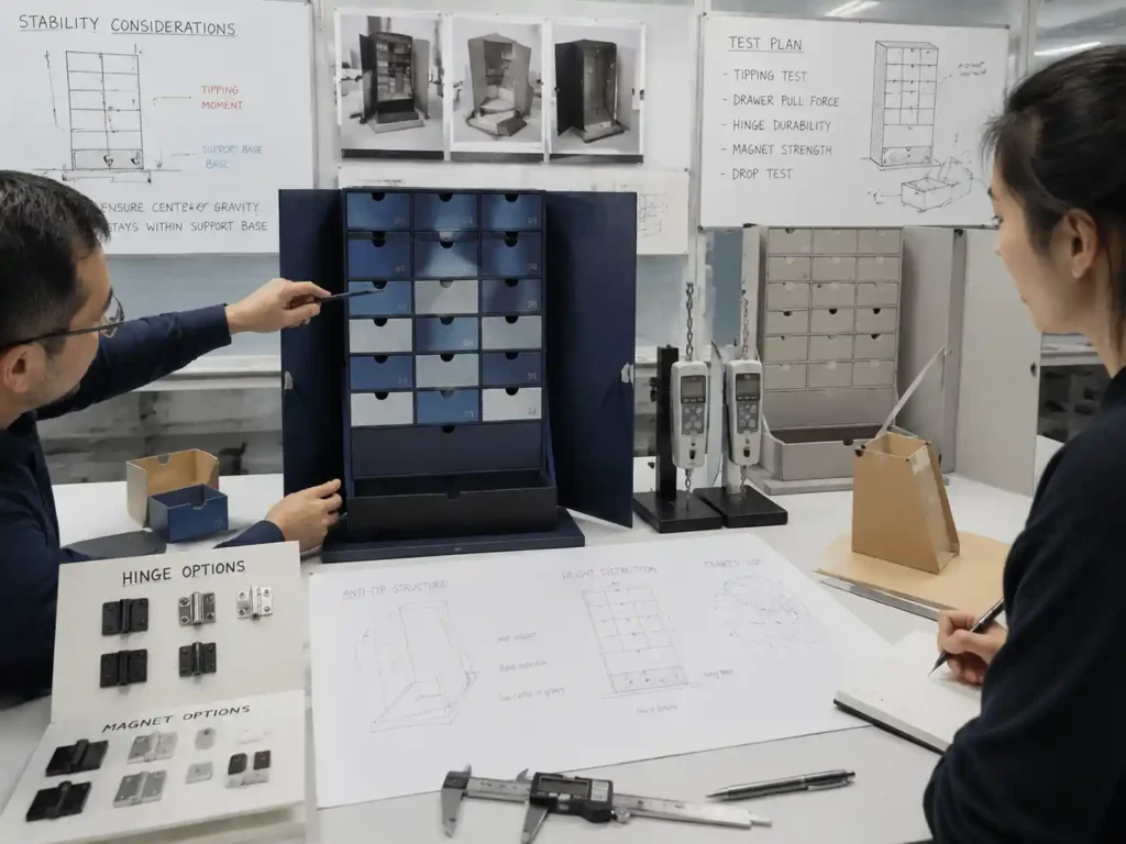 Engineering review of multi-drawer advent calendar anti tipping design with structural samples and measurement tools