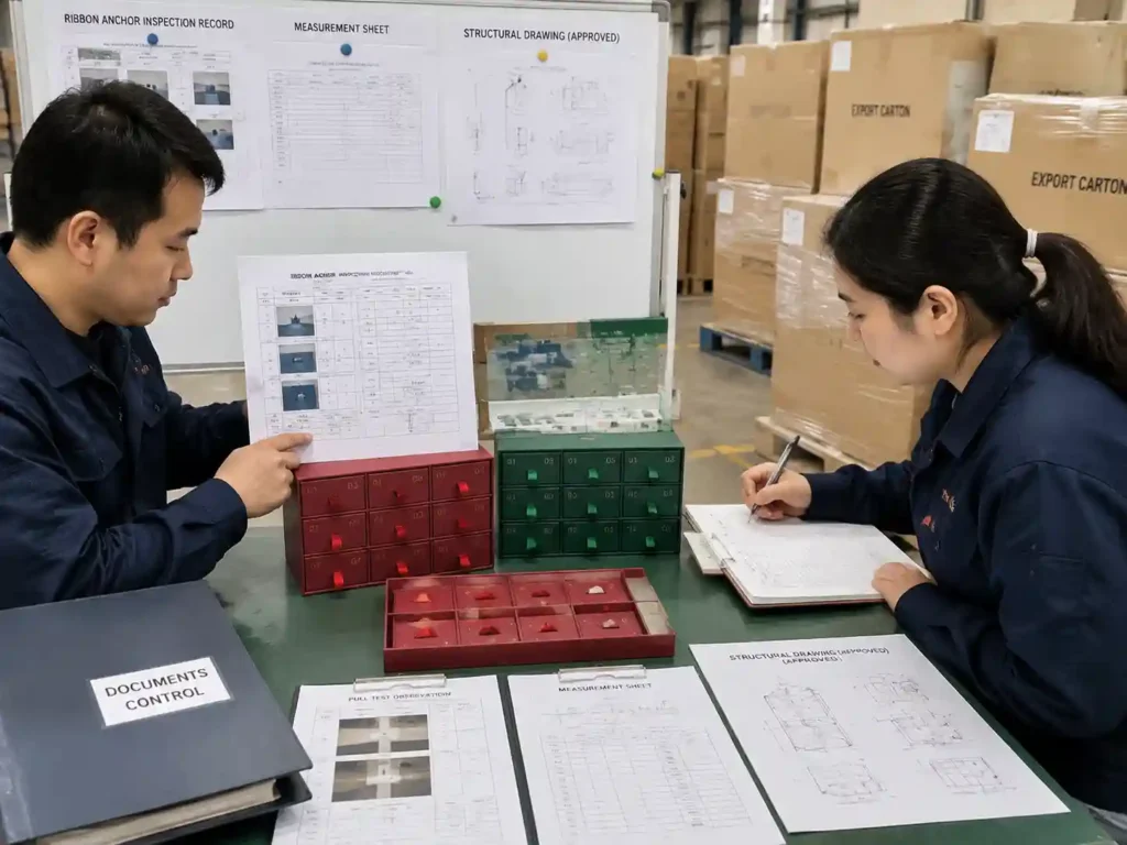 Quality control inspection of advent calendar drawer ribbon anchors with records, measurements, and finished packaging samples.
