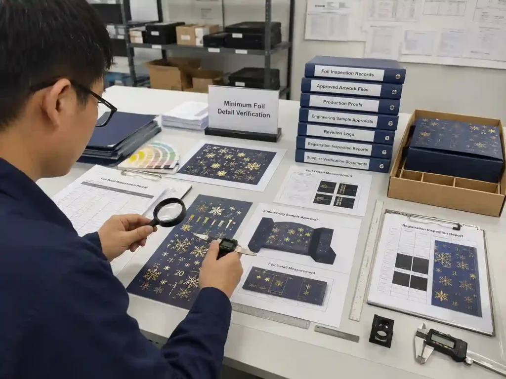 Quality control verification of fine foil detail performance before production release.