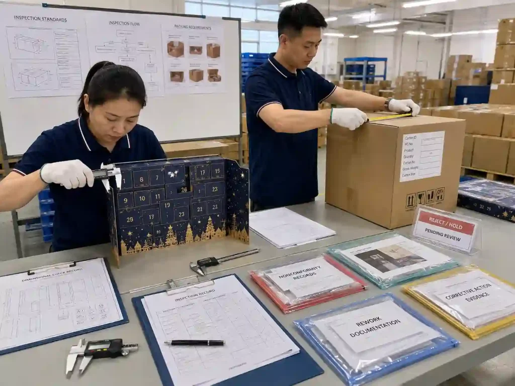 Quality staff verifying advent calendar inspection records, measurements, traceability, packing evidence and corrective-action documentation.