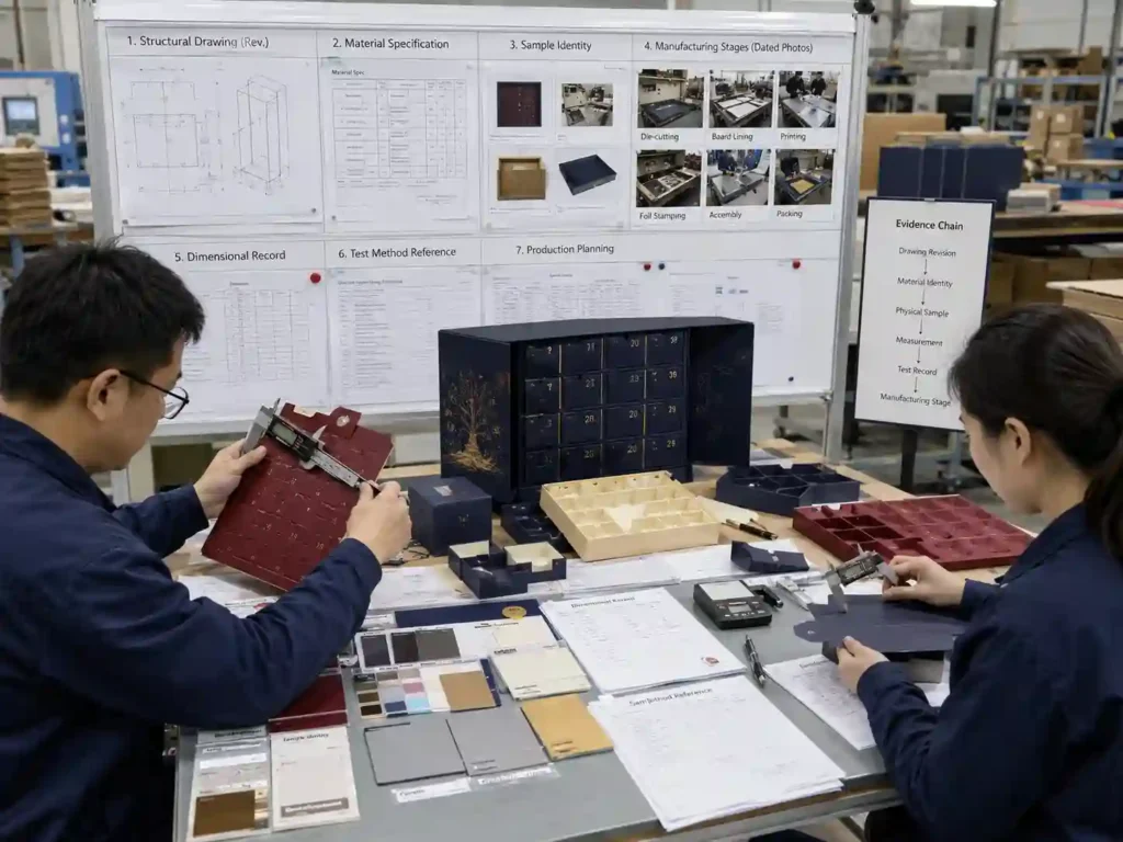 Packaging engineers comparing case-study samples with drawings, specifications, measurements and production evidence.