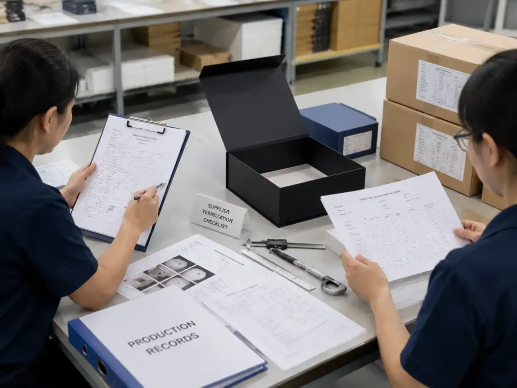 QC team reviewing rigid box supplier inspection records and verification documents