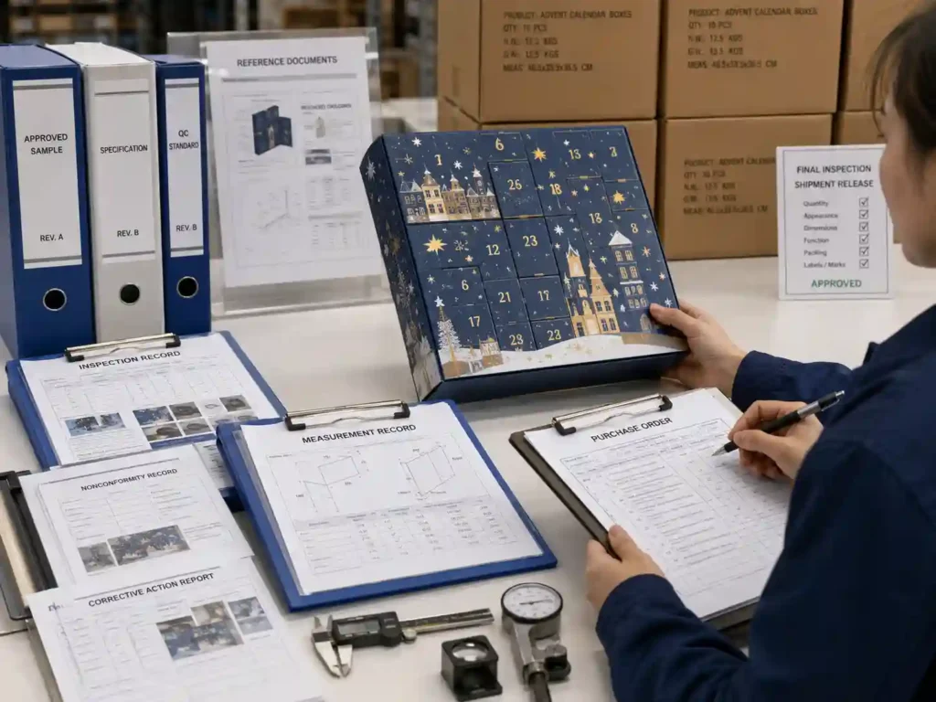Quality staff verifying advent calendar boxes against purchase order requirements using measurements, inspection records and corrective-action documents.